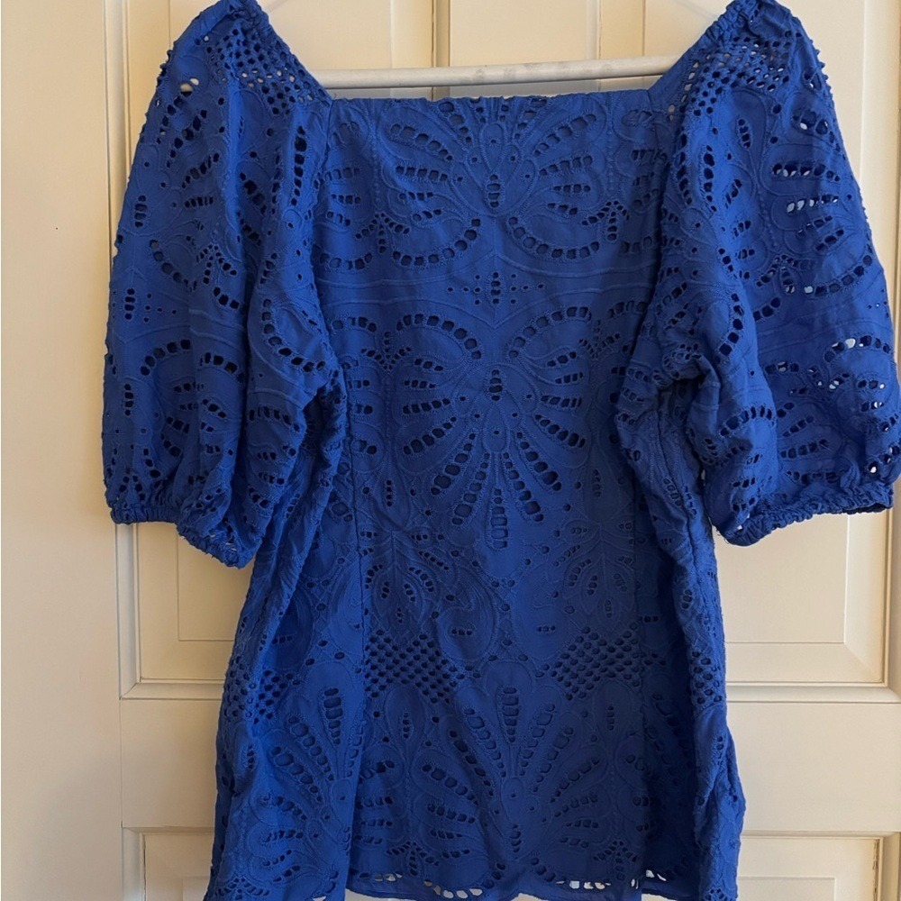 Talbots Womens Blue Eyelet Lace Puff Sleeve Square Neck Top Blouse Size 4 - Picture 5 of 8